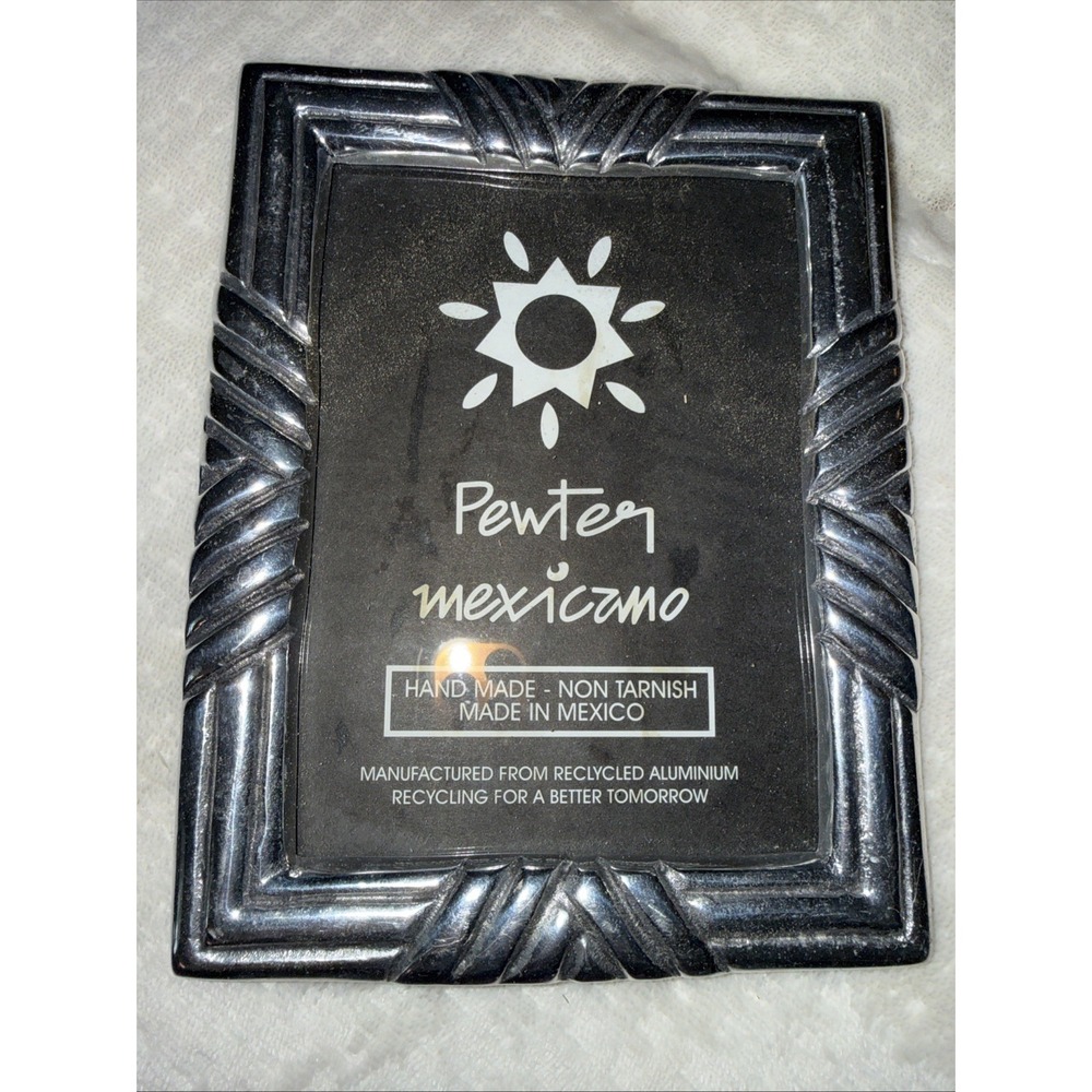 Handmade Silver Mexican Pewter Picture Frame Decorative Border Wooden Bk
